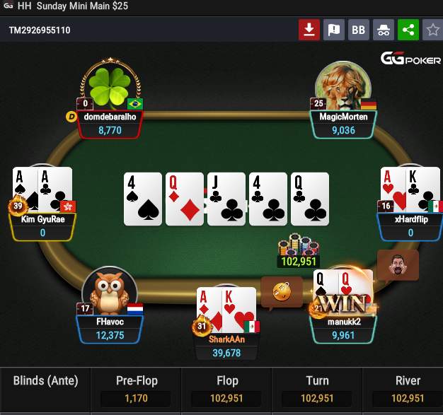 Como es jugar un torneo de 10k player en <a href="/GGPoker/">GGPoker</a>  #ggpoker ????? Normal tiran estas webonadas para eliminar players a lo bestia 😂🤣😂🤣 UTG all inn UTG+1 Call, HJ all inn bigger, BB call, UTG+1 call, welcome to the jungle or hell?