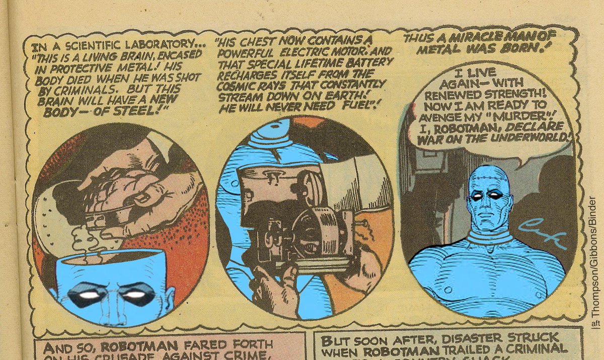 ChuckBrouilette's tweet image. #OnThisDay in 1942 #Robotman debuted in #StarSpangledComics #7 aft he’s fatallyShot #scientist #RobertCrane’s assistant #tranfersHisBrain to #technologicallyAdvancedSteelForm usingIt2bringHisAssailant2justice has #latexFaceAndHands 4hisNewSecretID #PaulDennis&amp;amp;continues2fightCrime
