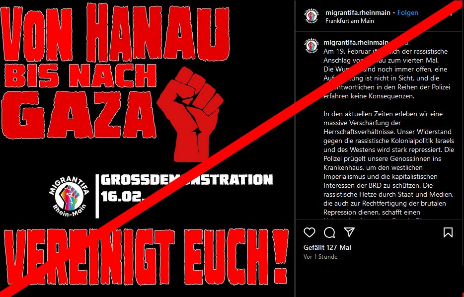 Auch die antisemitische Gruppe "Migrantifa Rhein-Main" nutzt, wie erwartet, das Hanau-Gedenken als Anlass um gegen den konstruierten falschen "Hauptwiderspruch" in Form von Israel zu agitieren.