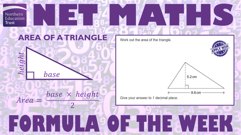 NET_Maths's tweet photo. Welcome to the first #FormulaOfTheWeek for our marvellous mathematicians🧮
You need to know the area of a triangle for your exams and this won't be on your formula sheet in Summer!
Learn the formula and then apply it to the exam question on the right! #OutcomesFocussed https://t.co/2XZ83Jeoei