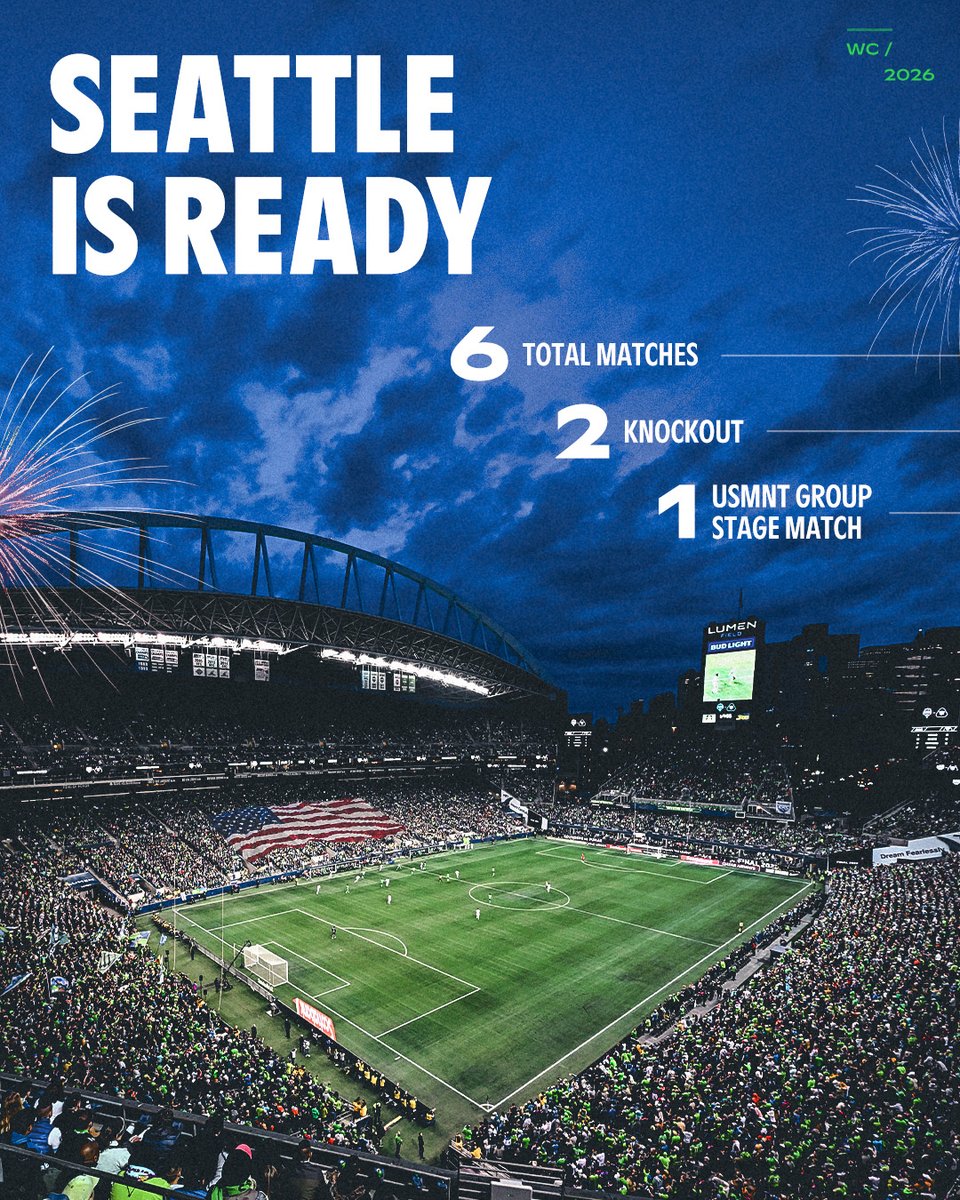 SoundersFC's tweet image. Seattle is ready.️⚽️

@LumenField will play host to 6 matches, including a @USMNT group stage match, during the 2026 @FIFAWorldCup!