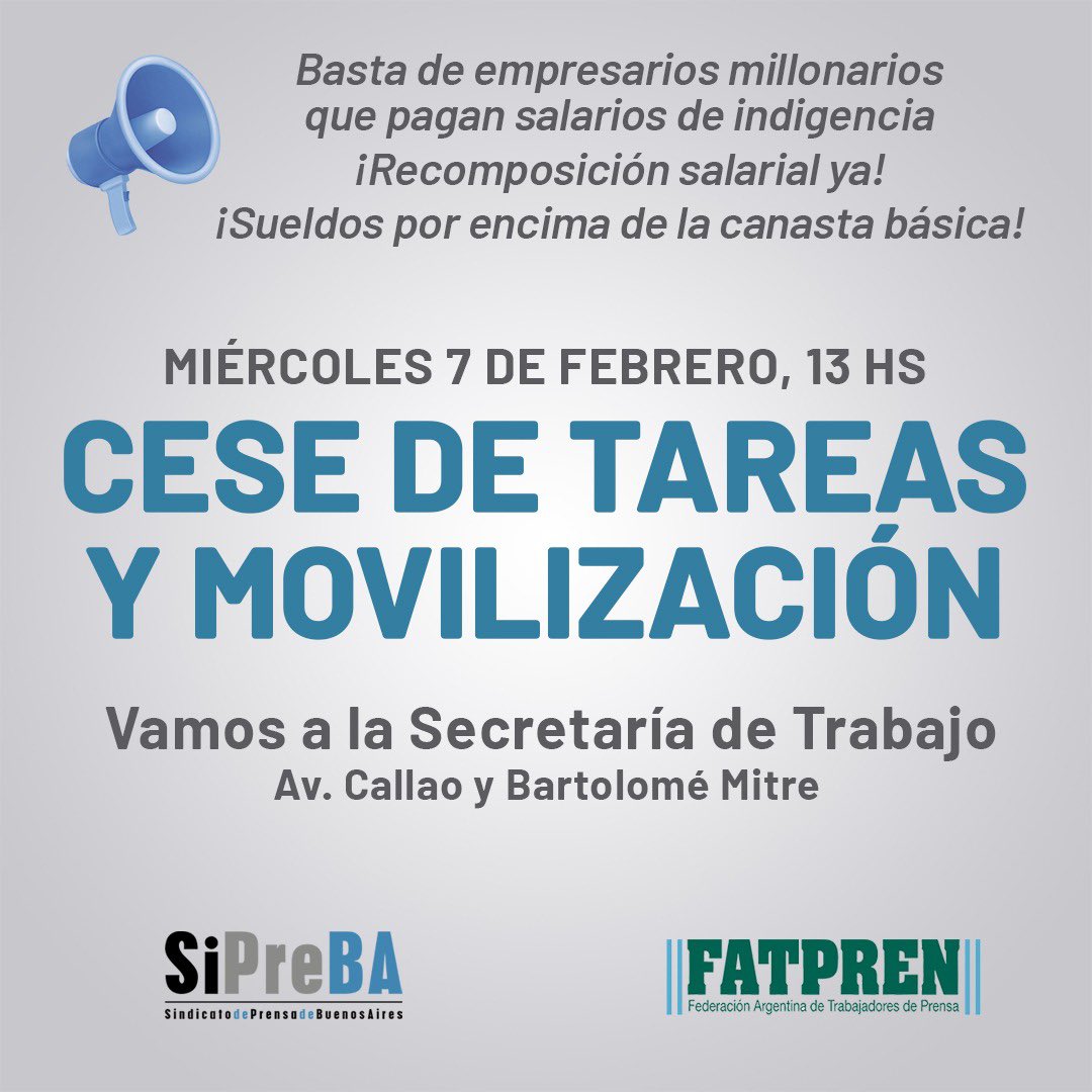 #PrensaEnLucha

📢 Ante la falta de respuesta de las cámaras empresarias al reclamo urgente de recomposición salarial, continuamos con el plan de lucha.

¡RECOMPOSICIÓN SALARIAL YA!

#SiPreBA2024