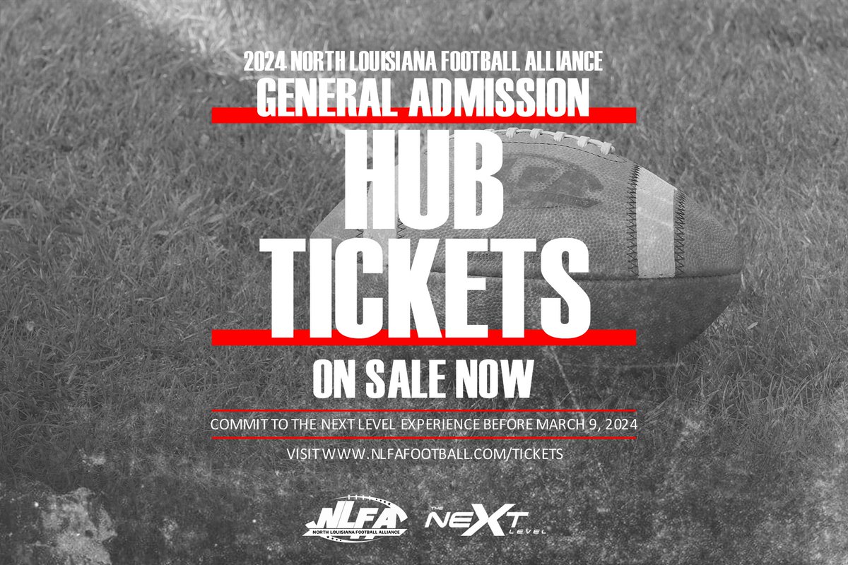 The NLFA is getting ready for the start of the 2024 season! Make sure you head on over to our website to order your Hub tickets today! #nlfa2024 #NorthLouisianaFootballAlliance #TheNextLevelExperience #DevelopmentalFootball 

nlfafootball.com/tickets