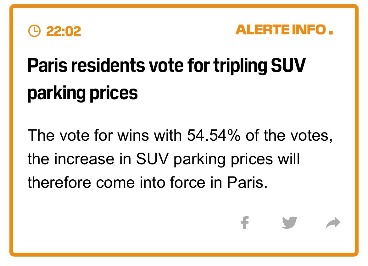 tdv_auto's tweet photo. So #ParisSUV vote has resulted in favour of increased SUV parking fees.Although any car (including EV) above 2tonne weight will also need to pay, so many EV like Tesla included.
Not sure voters realised this… https://t.co/z1iYxI3jKV