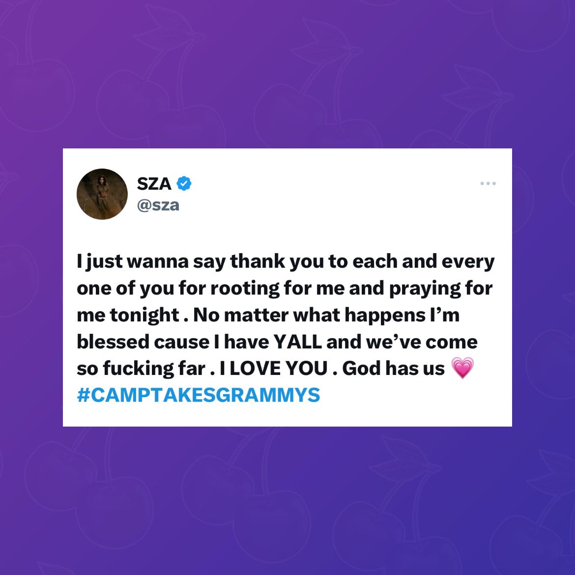 PopBase's tweet photo. SZA shares thank-you tweet dedicated to fans for tonight’s #GRAMMYs ceremony, following win for ‘Best Pop Duo/Group Performance.’ https://t.co/CDaj8IV3hC