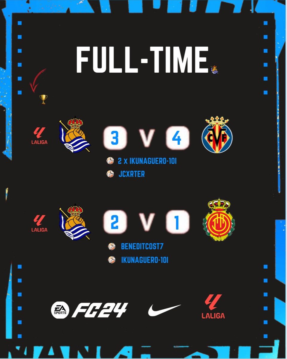 ๐ค VFL MAN CITY ๐ ( s64 ) (@vflmancitys64) on Twitter photo ๐- REAL SOCIEDAD -๐
โช๏ธ Results Tonight in ๐ช๐ฆ <a href="/TheVFL_/">VFL</a>
๐I LA LIGA ๐ช๐ฆ
โ๏ธI 3:4 ๐๏ธ Villarreal CF
โฝ๏ธ2X <a href="/IKunAguero10I/">IKunAguero-10I โญ๐ฎ ๐ธ๐ฎ</a>
โฝ๏ธ <a href="/JCxrter_/">JCxrter</a>
โ
๏ธI 2:1 ๐๏ธ RCD Mallorca
โฝ๏ธ @Benedett0_7
โฝ๏ธ <a href="/IKunAguero10I/">IKunAguero-10I โญ๐ฎ ๐ธ๐ฎ</a>
#EAFC24
#ProClub
#RealSociedad ๐- REAL SOCIEDAD -๐
โช๏ธ Results Tonight in ๐ช๐ฆ <a href="/TheVFL_/">VFL</a>
๐I LA LIGA ๐ช๐ฆ
โ๏ธI 3:4 ๐๏ธ Villarreal CF
โฝ๏ธ2X <a href="/IKunAguero10I/">IKunAguero-10I โญ๐ฎ ๐ธ๐ฎ</a>
โฝ๏ธ <a href="/JCxrter_/">JCxrter</a>
โ
๏ธI 2:1 ๐๏ธ RCD Mallorca
โฝ๏ธ @Benedett0_7
โฝ๏ธ <a href="/IKunAguero10I/">IKunAguero-10I โญ๐ฎ ๐ธ๐ฎ</a>
#EAFC24
#ProClub
#RealSociedad