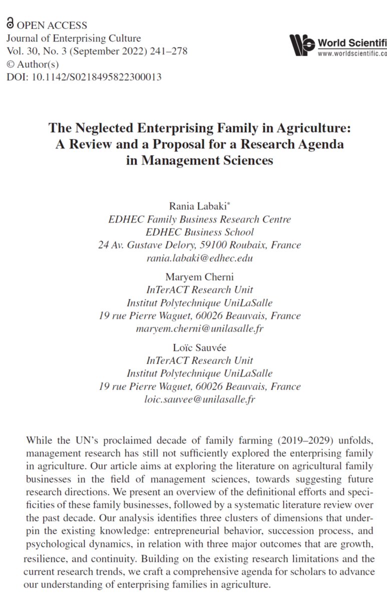 Faisant écho à l'actualité sur les défis du renouvellement générationnel pour une #agriculture performante et durable, notre article appelle un soutien holistique qui s'étend à la #famille en agriculture: psychologique, entrepreneurial et  transmission.
<a href="/EDHEC_BSchool/">EDHEC_BSchool</a> <a href="/EDHEC_fbc/">EDHEC FamBiz Centre</a>