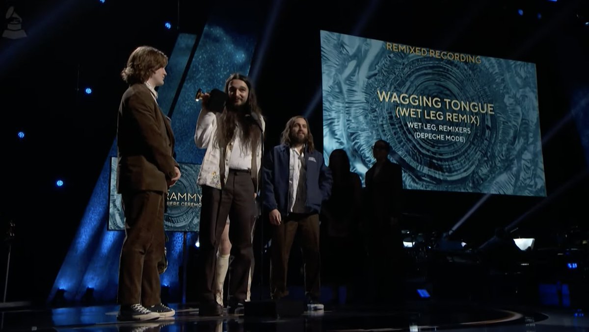 RecordingAcad's tweet photo. Congrats Best Remixed Recording winner - "Wagging Tongue (Wet Leg Remix)" @wetlegband #GRAMMYs 🎶 

WATCH NOW https://t.co/OuKk34kvdu https://t.co/9N7VCa4uf6