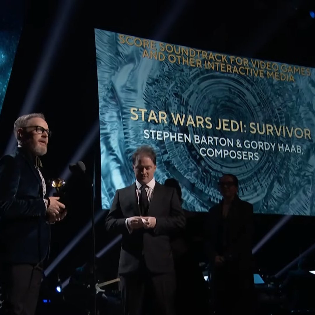 🚨 Star Wars Jedi: Survivor has won the GRAMMY for Best Soundtrack for Video Games!

Congratulations to composers <a href="/GordyHaab/">Gordy Haab</a> and
<a href="/ComposerBarton/">Stephen Barton</a> along with everyone else who worked on it.

#GRAMMYs