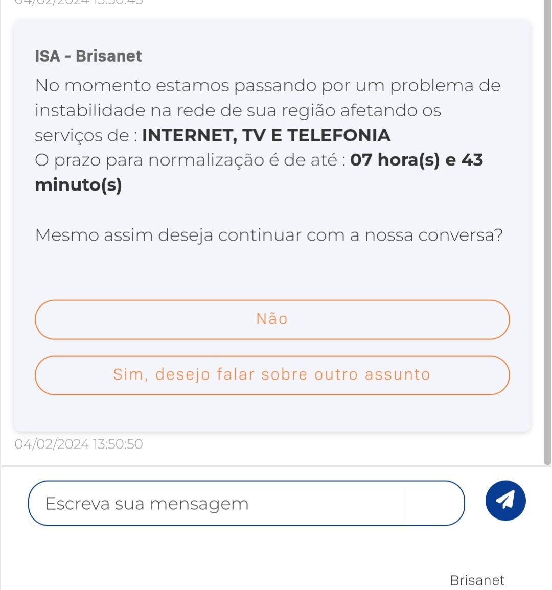 _Gustavo7's tweet photo. Isso é uma vergonha, da um prazo de 7h pra resolver essa instabilidade, melhor dizer que não tá suportando a quantidade de clientes, já foi boa agora a Brisanet tá um lixo, todo final de semana fica instável. https://t.co/G9PNIWemg7