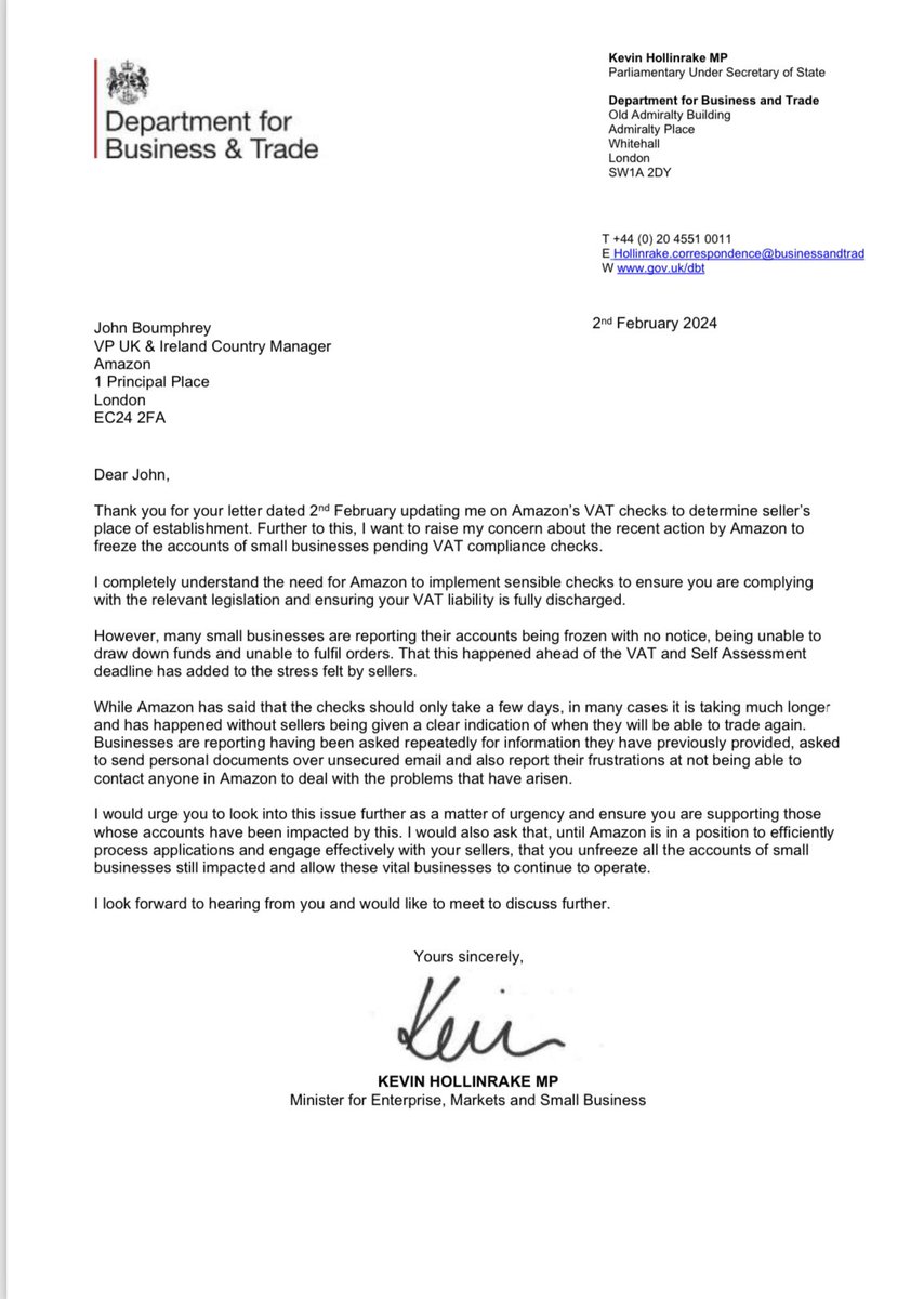 I have written to <a href="/Amazon/">Amazon</a> expressing my concern that they have frozen the accounts of some of their small business sellers pending VAT compliance checks.   

Until Amazon is in a position to efficiently process applications and engage with sellers, they must unfreeze all the