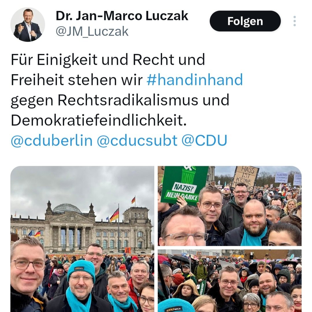 JuergenBraunAfD's tweet photo. "Ein breites Bündnis #gegenRechts" ist die typische linksextreme Falle im Kampf gegen jede freiheitliche Demokratie. Die dümmsten Teilnehmer dieser #Antifa a la DDR 2.0 kommen von der #CDU, die den Kakao freudig trinken, durch den sie vorher gezogen wurden.
#handinhand #b0302 https://t.co/yhOnd7NCrc