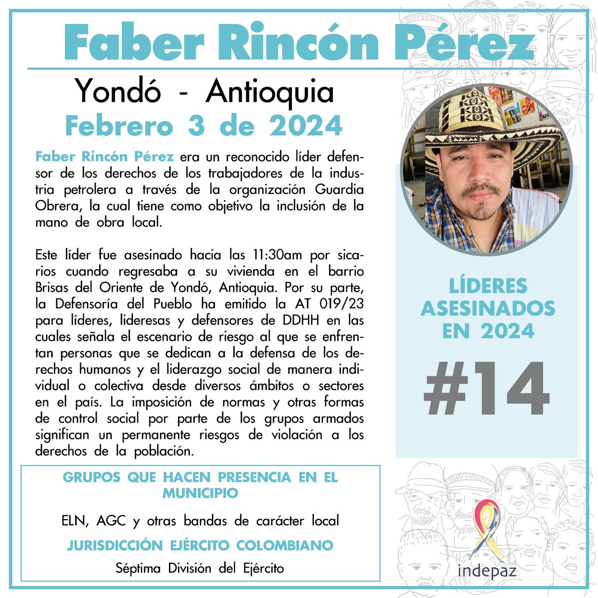 Faber Rincón Pérez
03/02/24
Yondó, Antioquia

Faber Rincón Pérez era un reconocido líder defensor de los derechos de los trabajadores de la industria petrolera a través de la organización Guardia Obrera, la cual tiene como objetivo la inclusión de la mano de obra local