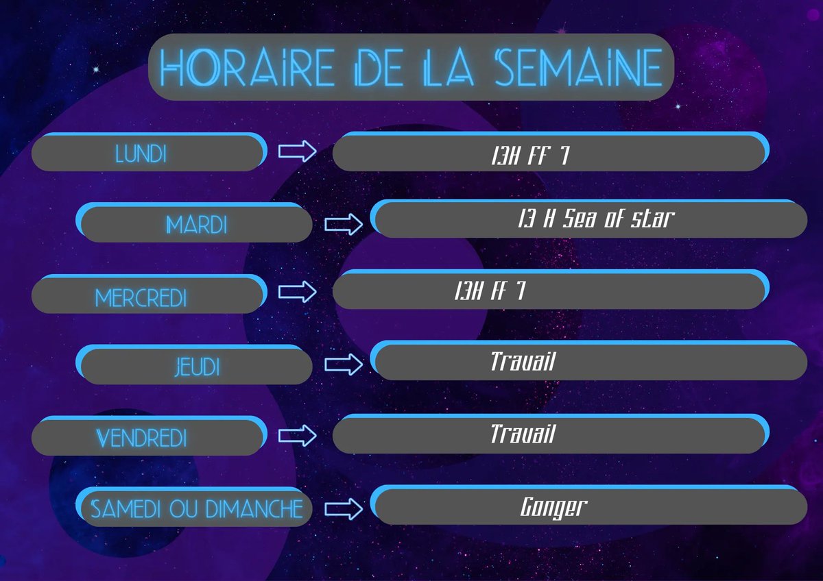 docteurkillme's tweet photo. sa fait un bout que jai pas poster mon horraire mais le voici lhorraire de cette semaine on va commancer la semaine avec du final fantasy 7 apres on continue sur sea of stars. pour se finir perdu sur final fantasy encore. petite semaine comme vous voyer https://t.co/VVOEOFWGzd