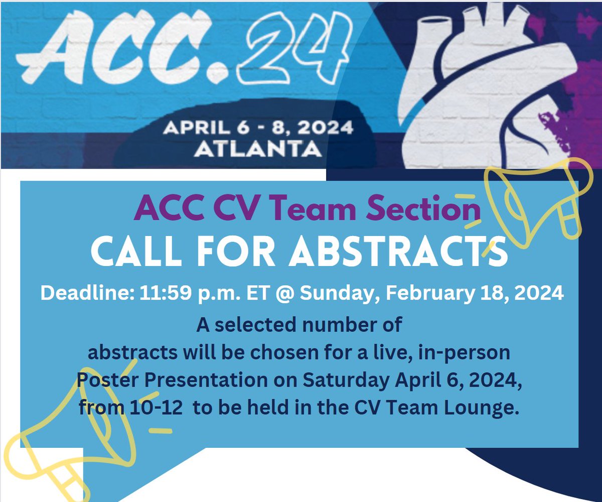 Abstract Deadline Extended! #ACCCVT Present at #ACC24 among your peers! 📅Now due Feb 18 @Andrea_Price317 @DPtheNP @heartnpben @Fortman312 @AmySimonePA @CathieBiga @VietHeartPA @CathLabDigest @IsraaFadhilYas1 @tricianp @ShelleyWood2 Submission link ⬇️ accmembership.wufoo.com/forms/mops4pp1…