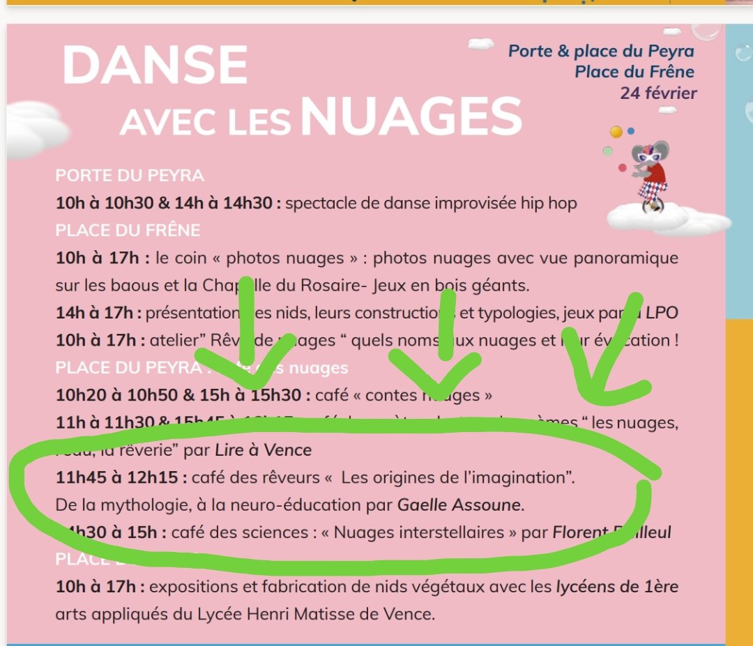 Selon vous, elle vient d'où l'imagination ? 💡
Rdv le 24 février sur la place du peyrat à Vence ! pour le café des rêveurs ! <a href="/GaelleAssoune/">Gaëlle Assoune</a>
thème : les origines de l'imagination, de la mythologie à la neuroeducation. Merci <a href="/villedevence/">Ville de Vence</a> @Festival <a href="/nuitsdusud/">Nuits du Sud</a> Les Gamins'rient 👍