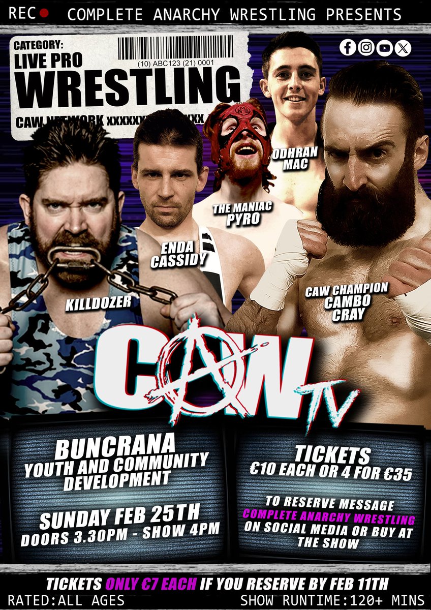 CAWprowrestling's tweet image. 📺 SHOW ANNOUNCEMENT 📺

And we're back! We kick off the year with a first time show. Our first CAW TV taping and our first time in Buncrana!

Sun Feb 25th
Buncrana Youth &amp;amp; Community Development 
Doors 3.30pm Show 4pm
🎟 Only €7 until Feb 11th🎟