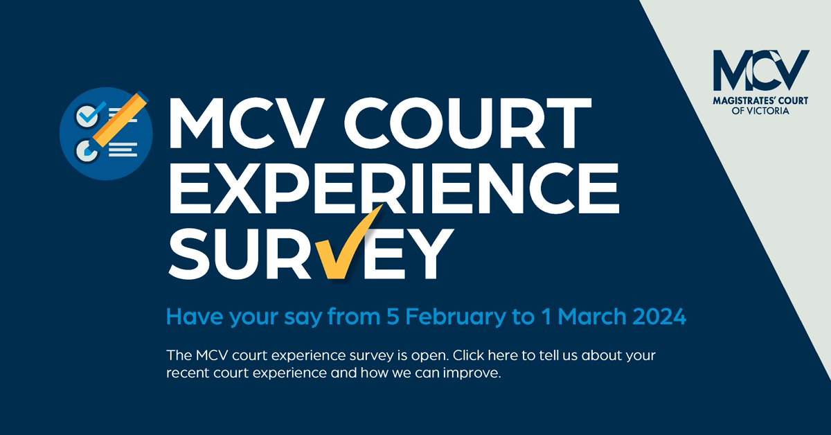 Have you taken part in a court hearing in the past month? We want to hear from you.
The MCV court experience survey is open from 5 February to 1 March – tell us about your recent court experience and how we can improve.
Visit our website: mcv.vic.gov.au/news-and-resou…
