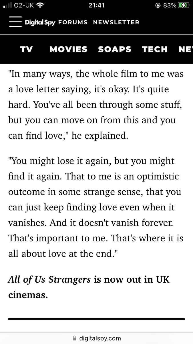 I saw All of Us Strangers today at 2pm. It’s quarter to 10 at night and I’m still crying. That might be one of the most utterly moving, healing and heartbreaking films I’ve ever seen. I love these words by the director about his overall thoughts of the story. My heart hurts ❤️‍🩹