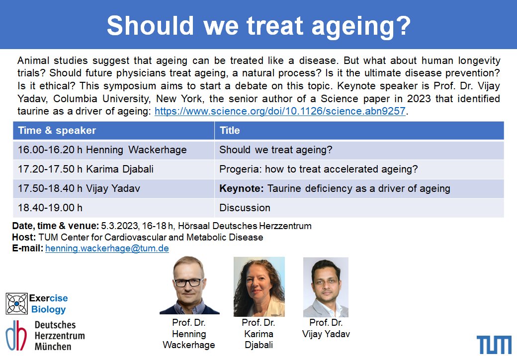 Really looking forward to welcoming @VijayYadavLab from Columbia University to Munich! Vijay was the mastermind behind the 'taurine as a driver of aging' paper in Science and we are looking forward to discuss whether physicians should treat ageing at @TU_Muenchen