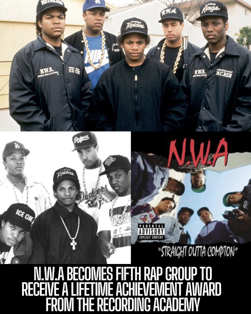 N.W.A becomes the fifth rap group to receive a Lifetime Achievement Award from the Recording Academy. Ice Cube and other NWA members MC Ren, DJ Yella and Easy-Es son were there to accept the award on Saturday night at a ceremony held in Los Angeles. Salute ✊🏾 #Hiphop #Rap #NWA