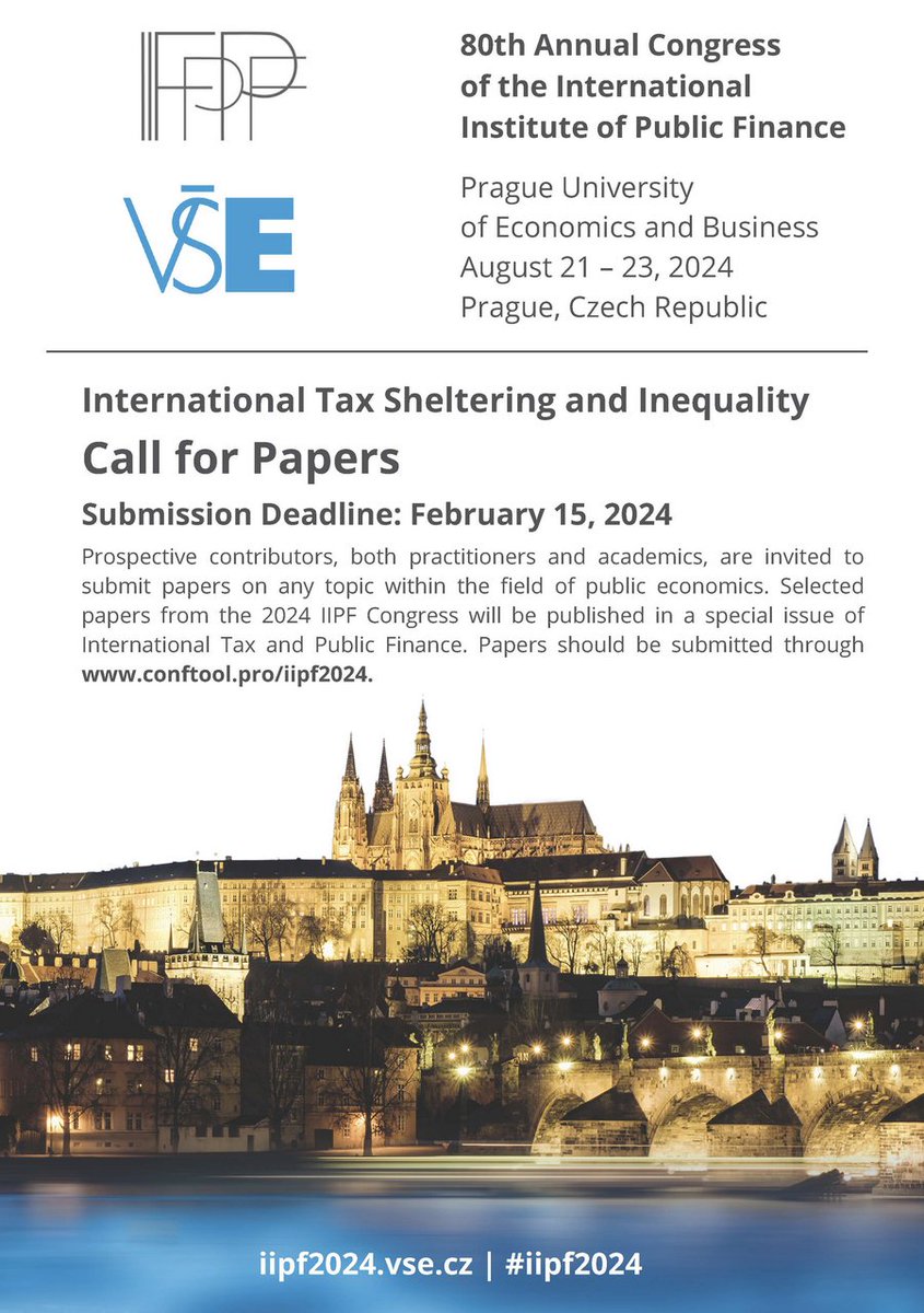 DinaPomeranz's tweet photo. Call for Papers: the next @IIPF_org conference will be in Prague (Aug 21-23).

Travel grants for authors from low- or middle-income countries are available!

Papers on any topic in public economics welcome. Application deadline is Feb 15th.

Apply here: https://t.co/12KE30kwMu https://t.co/cyH2qxBtwT