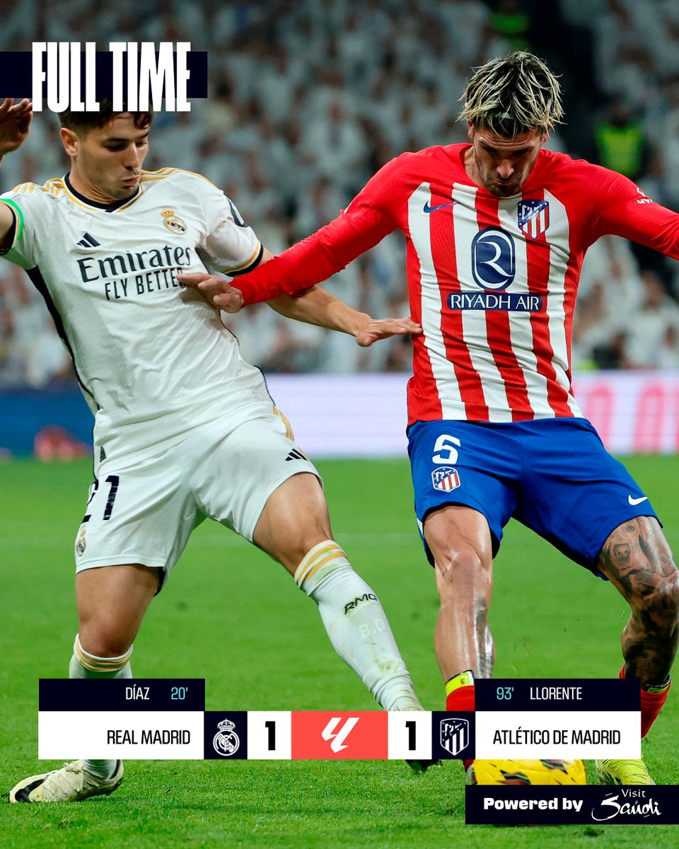 FT: Real Madrid 1-1 Atlético de Madrid 🤯 A last-minute equaliser saw @atletienglish take a share of the points!  #LALIGAEASPORTS︱#ResultsByVisitSaudi