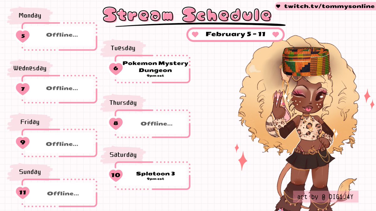 stream schedule!! starting my month-long donothon this week! every donation, sub, or bits gets a punishment wheel spin! 

♡ twitch: twitch.tv/tommysonline  
✦ discord: discord.gg/rygsaugNsd 
 ♡ tommysonline.uwu.ai  
✦ art tag: #tommyrawrt / *NEW meme tag: #tommposting