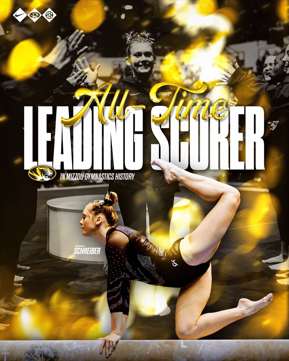 𝐒𝐢𝐞𝐧𝐧𝐚 𝐬𝐭𝐚𝐧𝐝𝐬 𝐚𝐥𝐨𝐧𝐞 ☝️

Sienna Schreiber became the all-time leading scorer in Mizzou gymnastics history last night, surpassing Mary Burke (2009-12) for the most total points scored in a Missouri leo 🖤💛

#MIZ🐯