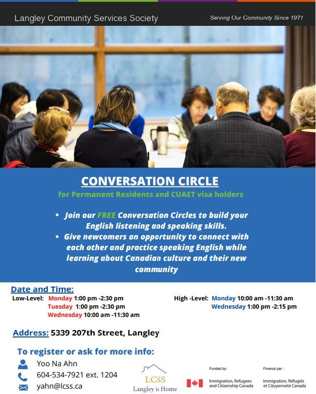 Join @langleycss for English Conversation Circles! To register or 604-534-7921 ext 1204

#esl #eal #English #learnenglish #englishconversation #newtobc #langleybc #langleytownship #langleycity #langleys #fortlangleybc #learningenglish #englishpractice