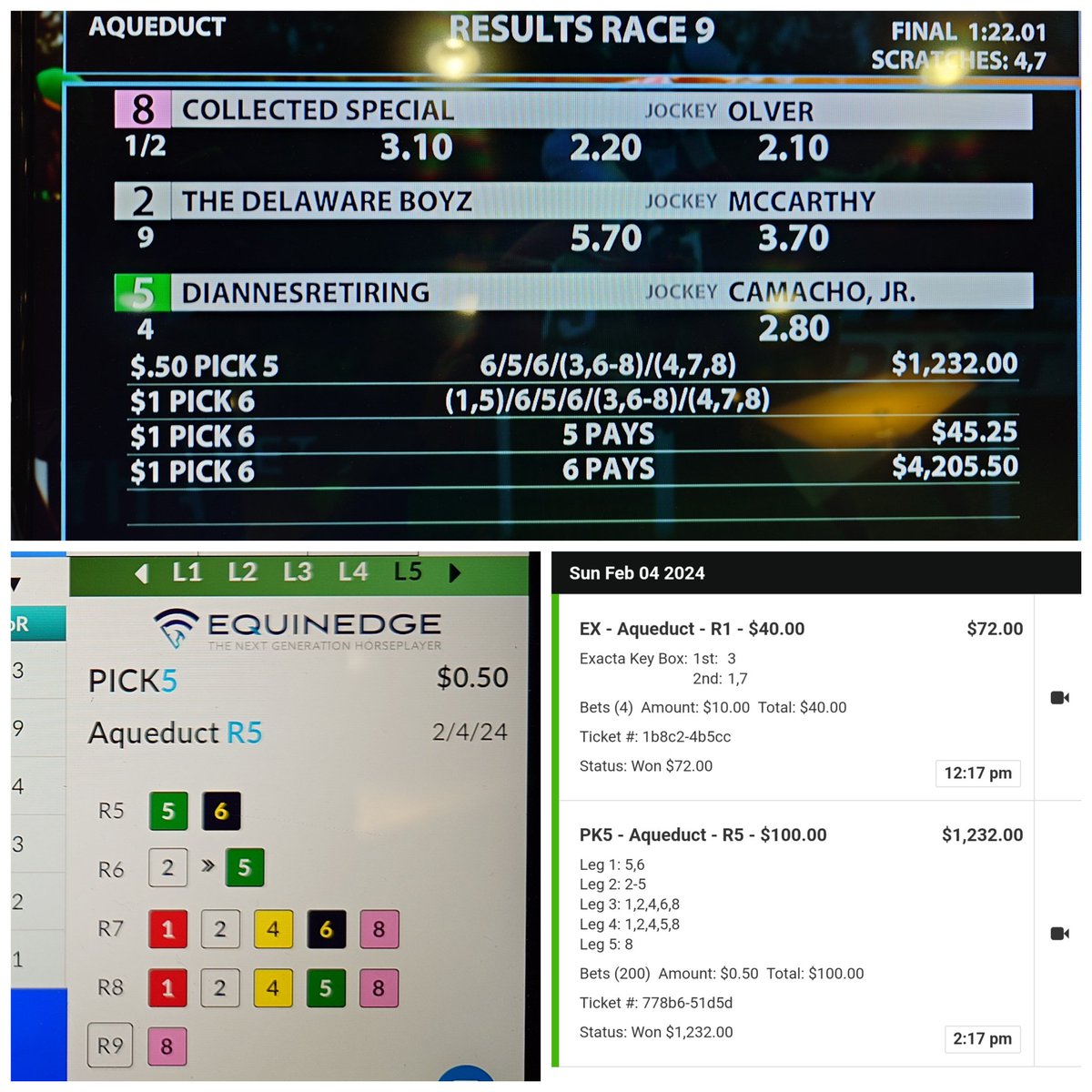 choiness27's tweet photo. Caught the Late Pick 5 at #Aqueduct. Kudos to @EquinEdge for the assist as I would not have had Writer's Regret (7:1 and EE Longshot) in Race 6. In: $100; Return: $1,232. #horseracing #beatthechalk #equinedge #commachasing ๐๐๐๐ฃ๐ฅ๐ฐ https://t.co/5zj1z55vrH