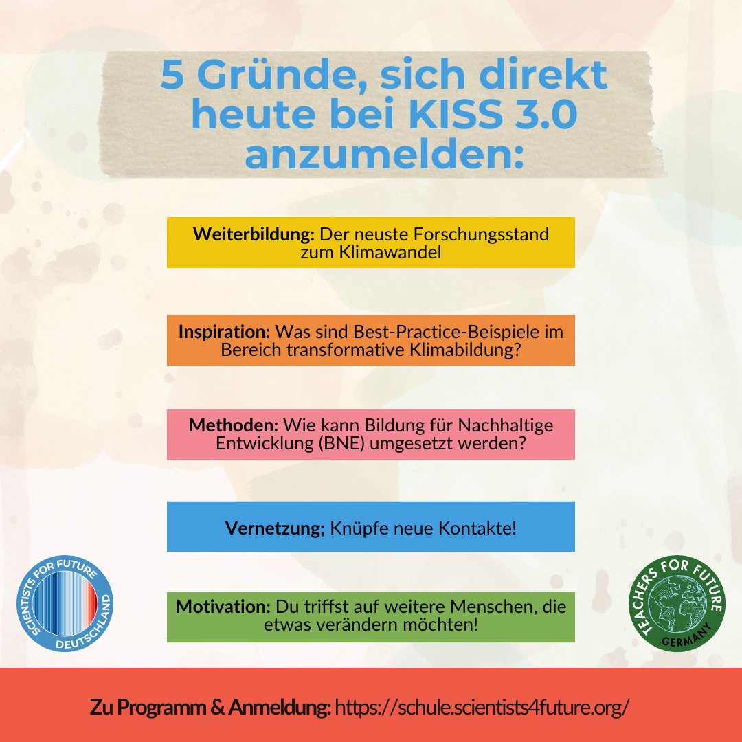 Hier direkt zum KISS 3.0 anmelden: schule.scientists4future.org/kiss-2024/
Wir freuen uns auf euch!