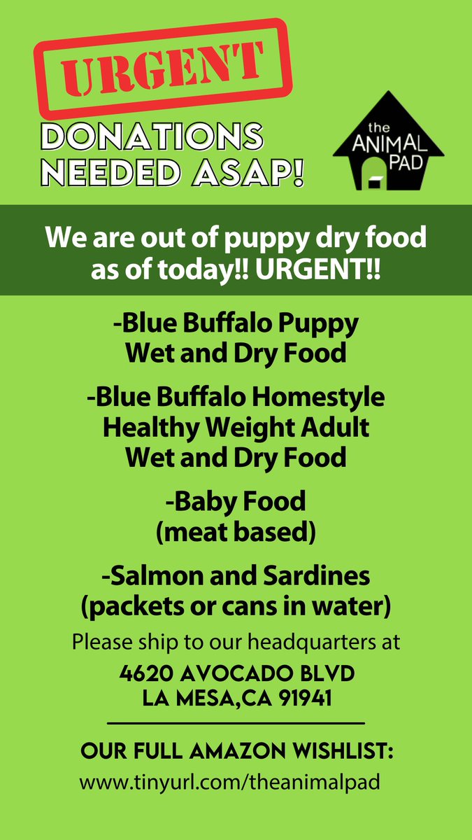 We have a ton of puppies and we are OUT OF FOOD!If you can help,here’s our Amazon Wishlist link: tinyurl.com/theanimalpad As always,thank you for the support! We appreciate our community so much! #theanimalpad #dog #dogrescue #donate #sandiego #adoptdontshop #rescuedogs #puppies