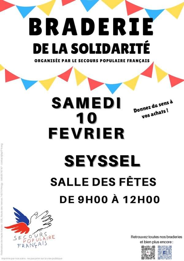 Braderie organisée par le Secours Populaire Français Samedi 10 février de 9h à 12h à la salle des fêtes de Seyssel @SecoursPop