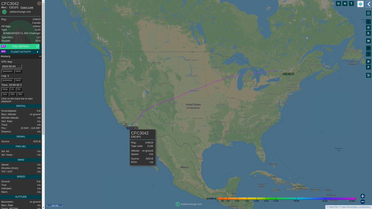 steffanwatkins's tweet image. This morning 🇨🇦 #RCAF CC-144D Challenger 144619 #C2C1F1, one of the two newest RCAF Bombardier bizjets, flew from Ottawa #CYOW to Los Angeles #KLAX as #CFC3042.

(I think this is a pick-up, but could be a drop-off too.)