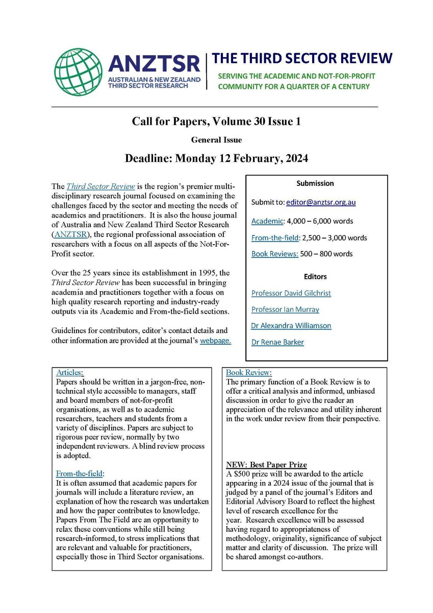 Closing in one week! Papers due on Mon 12 February, 2024 for Vol. 30, Issue 1 of the journal Third Sector Review. Academic articles: 4,000 – 6,000 words From-the-field: 2,500 – 3,000 words Book Reviews: 500 – 800 words @acpns_qut @CSIsocialimpact @MSEI_UniMelb