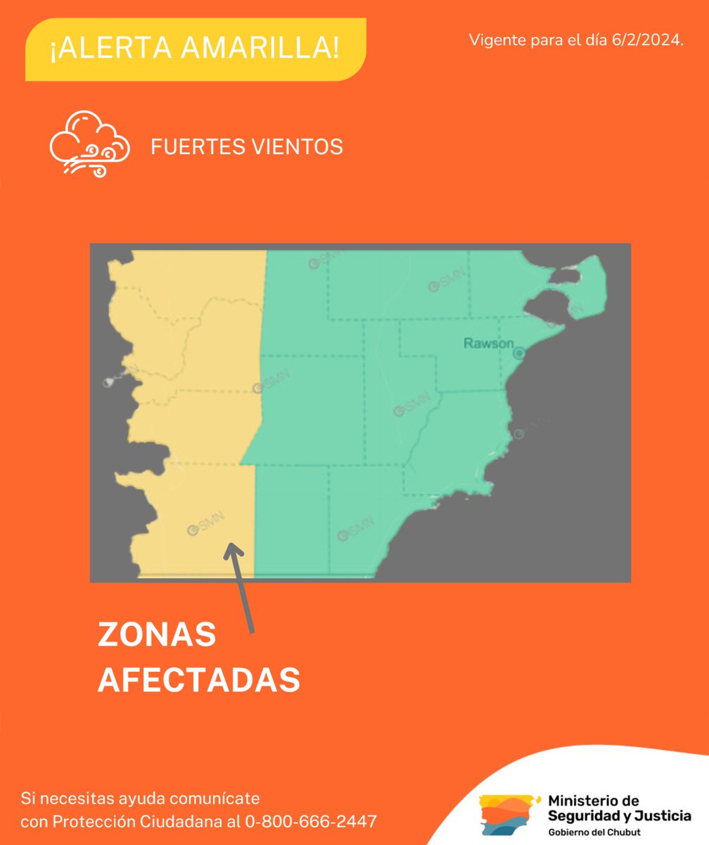 DcChubut's tweet photo. ⚠ La Subsecretaría de Protección Ciudadana dependiente del Ministerio de Seguridad y Justicia, informa sobre la zona de cobertura del alerta amarilla por fuertes vientos, emitido por el Servicio Meteorológico Nacional prevista para la tarde del día 6 de febrero. https://t.co/4FkuxGpoam