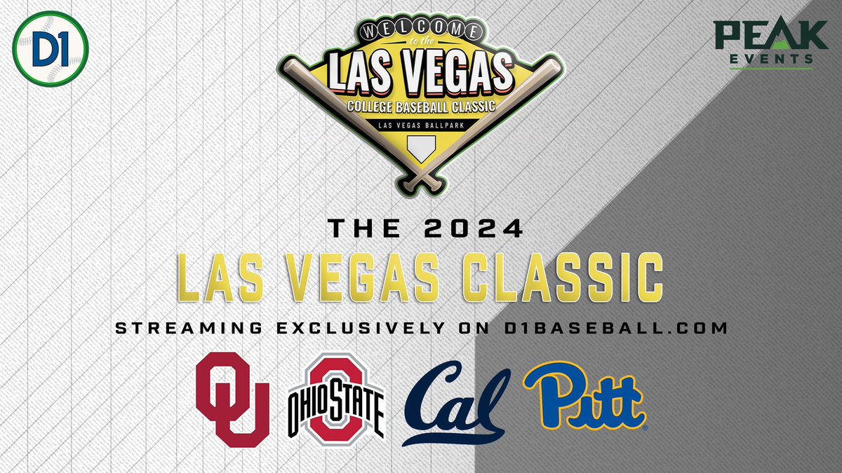 d1baseball's tweet photo. 4️⃣ MORE WEEKS ‼️
The countdown to the @LasVegasCBC is on! Get your tickets TODAY to see @OU_Baseball, @OhioStateBASE, @CalBaseball and @Pitt_BASE face off.
Can't be there? Tune in on D1Baseball dot com 💻
🔗 https://t.co/0SKZHmxA88 https://t.co/8zvLFrOArw