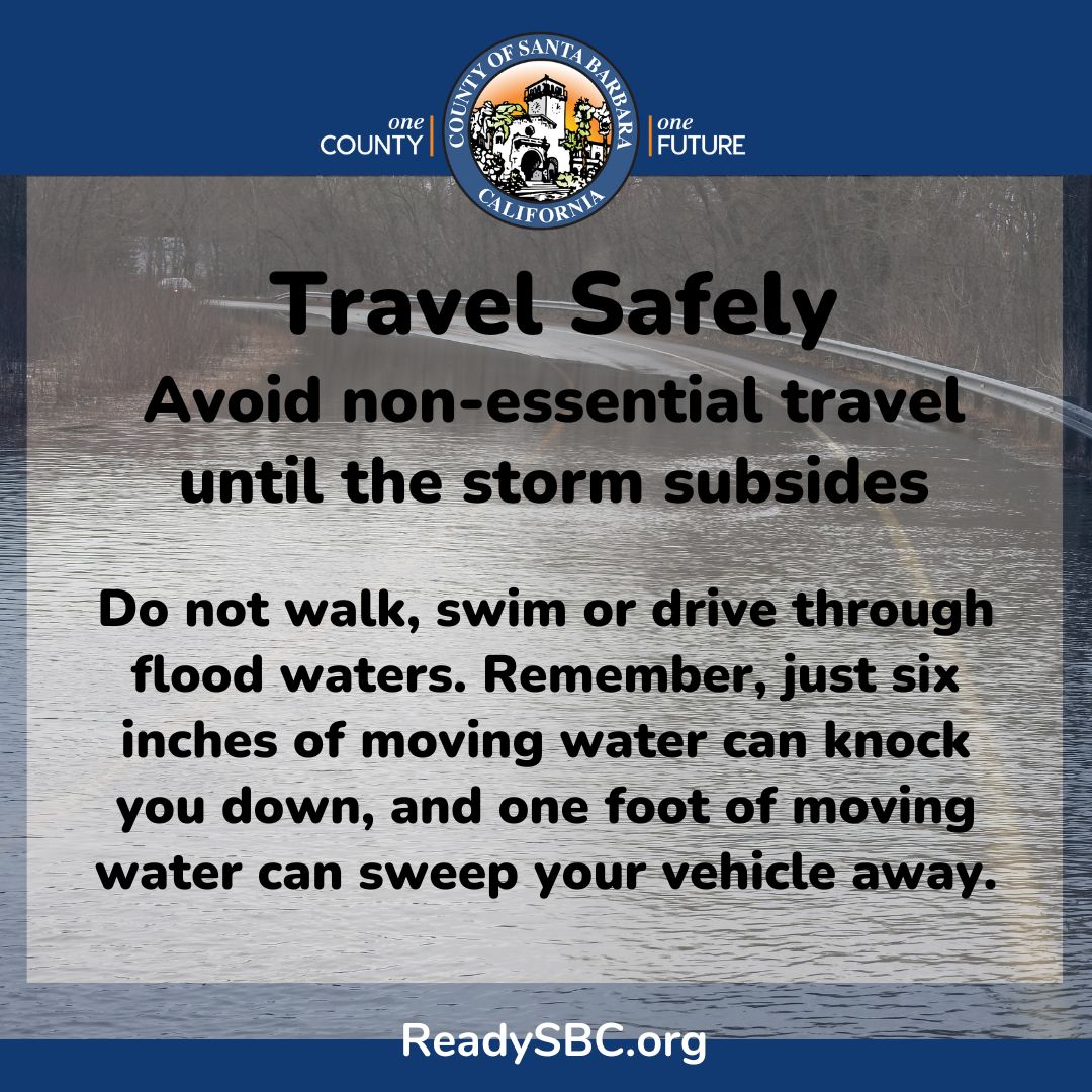 🚗🚶‍♀️🌧️Travel Safely. Avoid non-essential travel until the storm subsides. Do not walk, swim or drive through flood waters. Remember, just six inches of moving water can knock you down, and one foot of moving water can sweep your vehicle away.