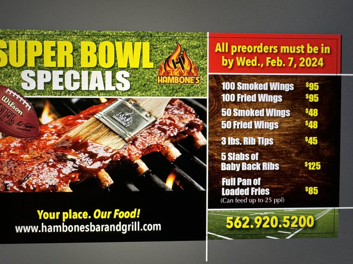 Wednesday 2/7/2024 is the last day to get your pre orders in for Super Bowl Special pricing. 

562-920-5200
9825 Belmont St., Bellflower Ca