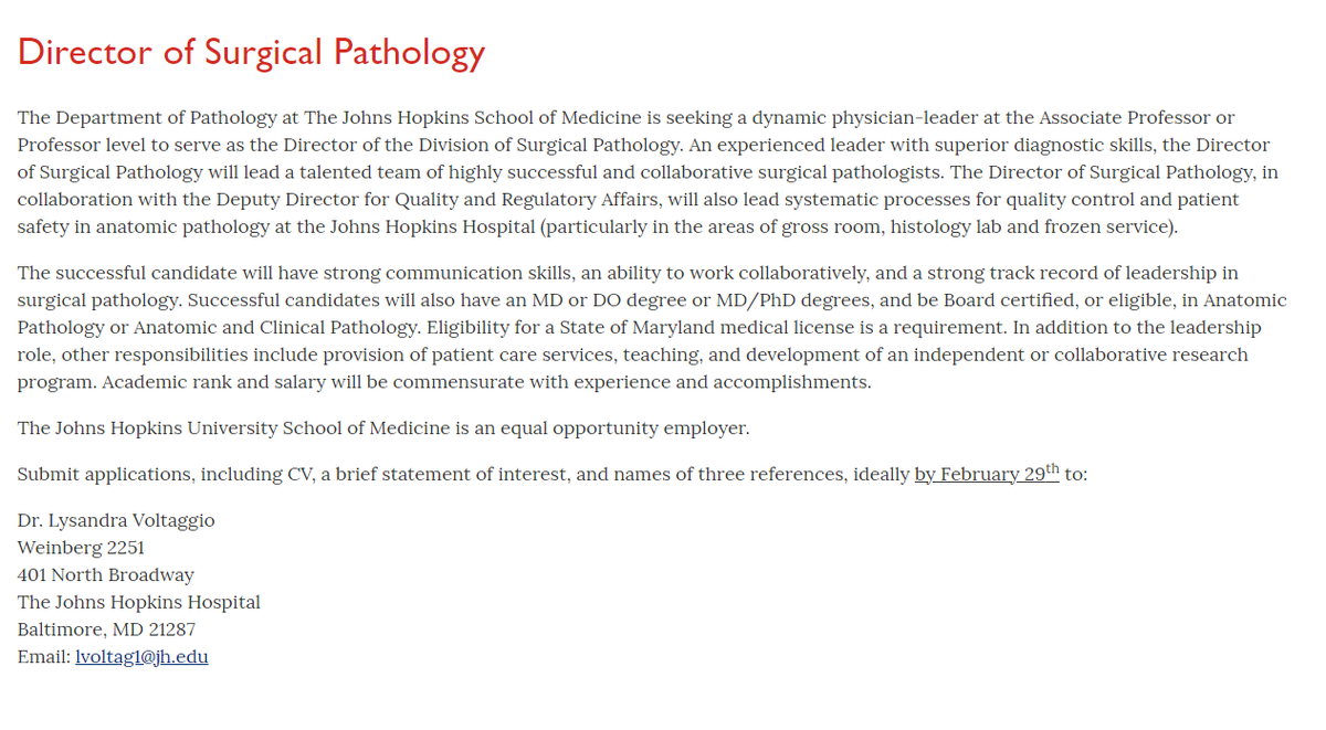 We are pleased to announce that we are opening the search for the Director of Surgical Pathology in the Department of Pathology of the Johns Hopkins University School of Medicine. 

pathology.jhu.edu/careers/surgic…