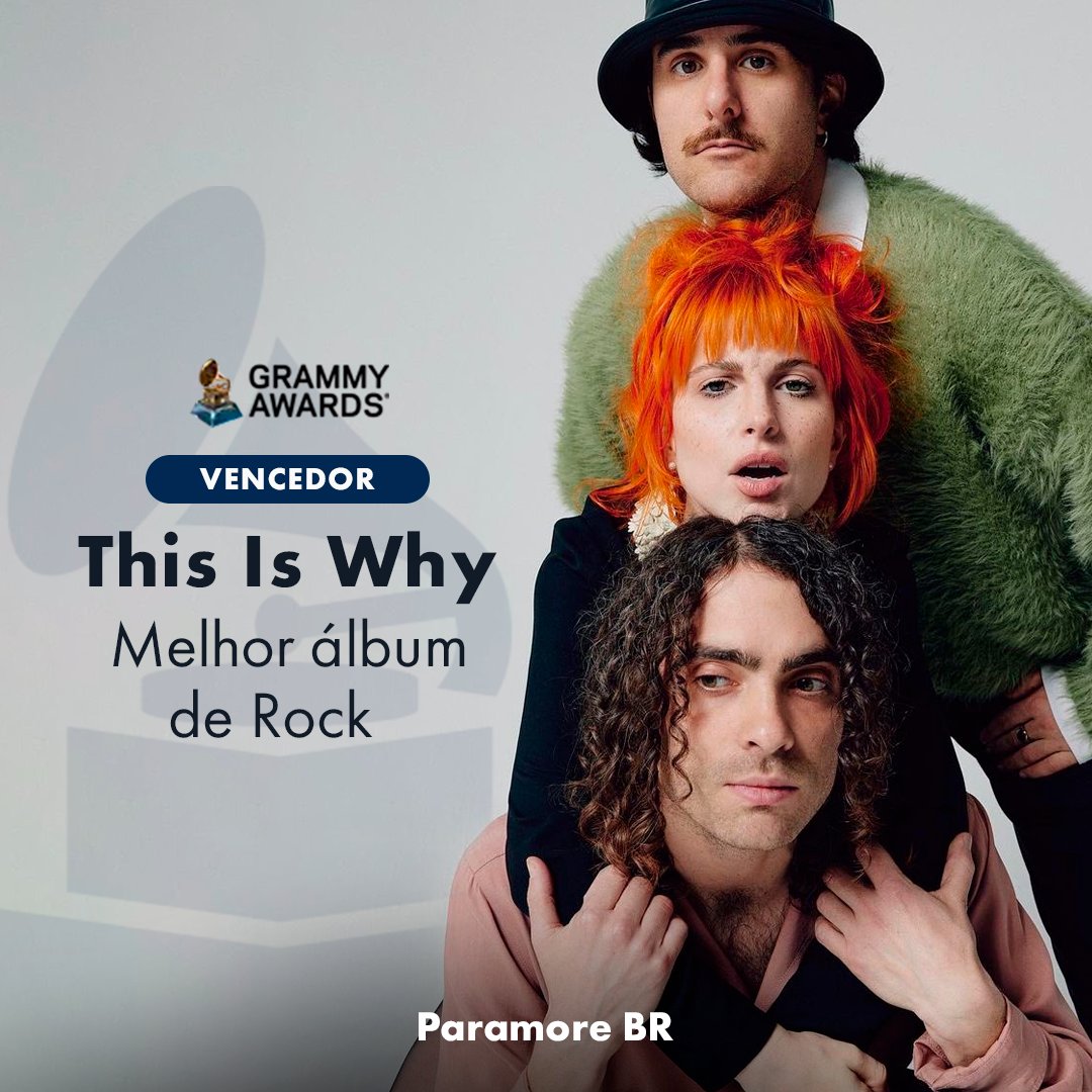 paramorebr's tweet photo. 🚨 Paramore acaba de ganhar o seu segundo Grammy!!! Com o álbum "This Is Why", a banda levou o gramofone de "Best Rock Album"! #Grammys https://t.co/FPpjnVlsUY