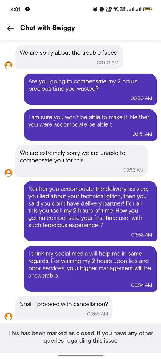 RockerzzRazat's tweet photo. @Swiggy and @SwiggyInstamart I installed your app for the first time for the first order. This was my experience. 
Order placed at 1.40am
Did not receive till 3.40am
Agent made a fool by lying technical glitch.
Wasted my 2 hour
#Shameful #poorservice @zomato @letsblinkit @zomato https://t.co/LXW69kBFqF