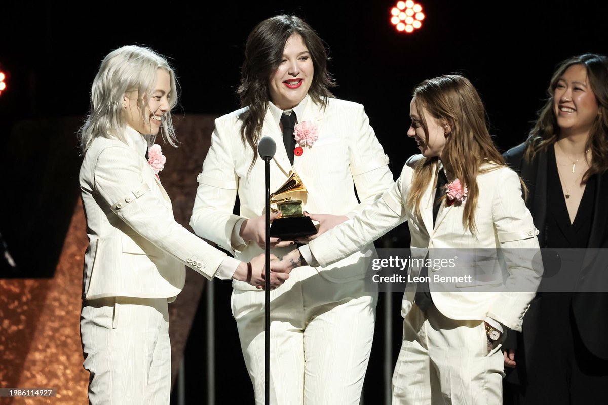 📸 | boygenius on stage during their acceptance speech at the #GRAMMYs