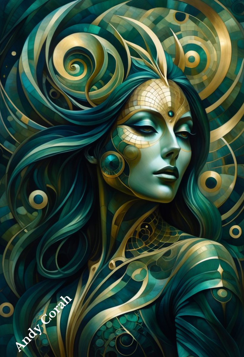 andy_corah's tweet photo. 🌌 "Celestial Enigma"—a #MythicalBeauty unveiled in a #surreal duotone universe. Her #enigmatic visage was adorned with intricate #patterns, of #DeepEmerald greens and #CelestialGolds. 🎨✨ #AIart #SurrealUniverse #art #AIartwork #aiartcommunity #painting #abstract https://t.co/FXCcIDpTt3