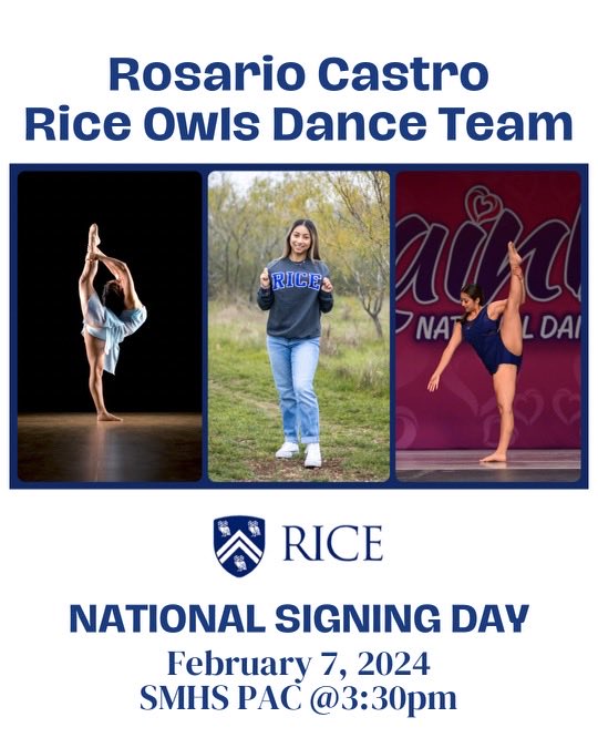 Join us February 7th at 3:30 in the PAC to honor and recognize Rosario Castro, committing and signing to dance at Rice University! I am so proud! Rattler up to Owl up!💜💙🦉🐍