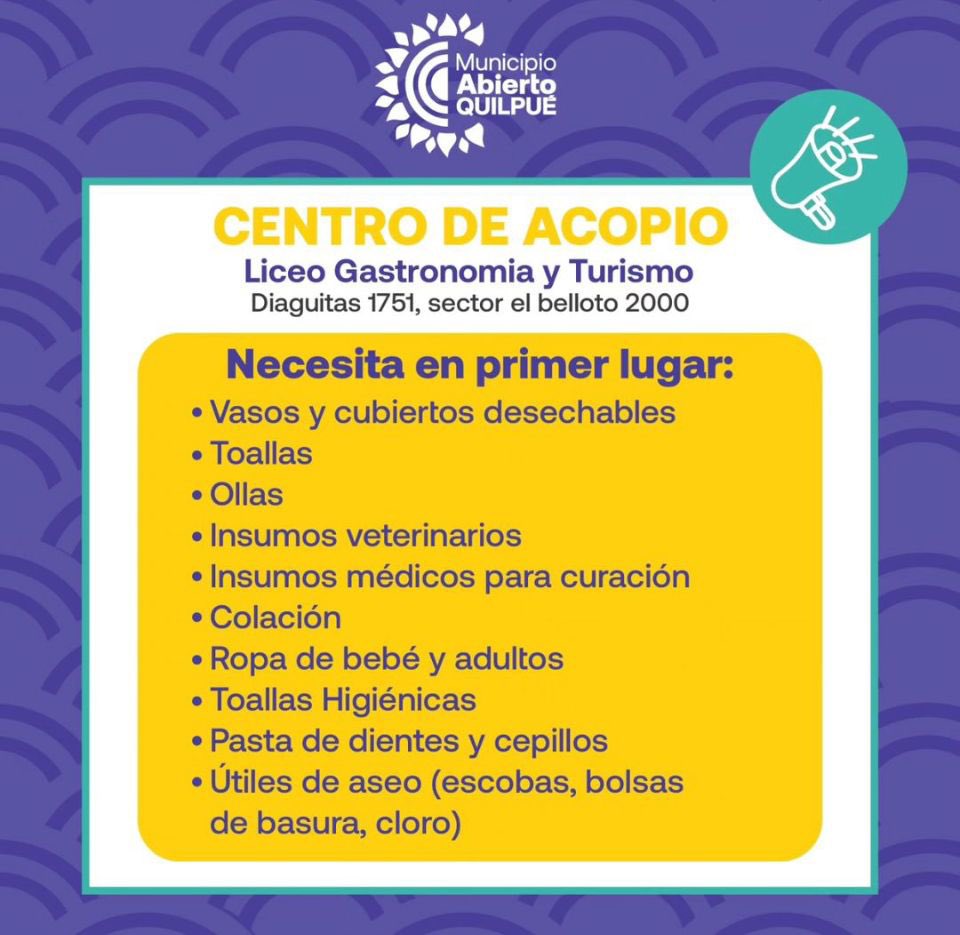 La difusión para canalizar la ayuda en situaciones de catástrofe es vital🆘
Estas son las diferentes formas de ayudar en la emergencia que está viviendo #Chile⚠️
<a href="/MunicipioVina/">Municipalidad Viña</a> 
<a href="/MuniQuilpue/">Muni Quilpue</a>
<a href="/TECHOChile/">TECHO-Chile</a> 
<a href="/DesafioChile/">Desafío Levantemos Chile</a>
<a href="/bomberoschile/">Bomberos de Chile</a>
<a href="/colmevetchile/">Colegio Médico Veterinario de Chile</a>
🙏🏼🙏🏼
<a href="/AlejandroSanz/">Alejandro Sanz</a>
