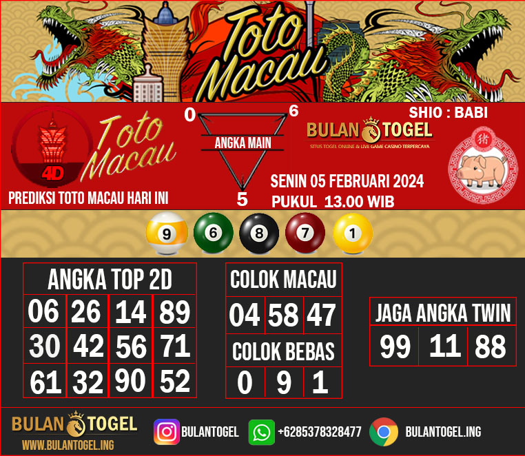 PREDIKSI TOTO MACAU HARI INI SENIN 05 FEBRUARI 2024 13.00 WIB

#totomacau #prediksitogel #prediksitotomacau #bocorantogel
#bocorantotomacau #syairtotomacau #syairtogel #totomacaulive
#totomacauhariini #livetotomacau #prediksittm
#bulantogel #pastijp #pastihoki #kodesyair