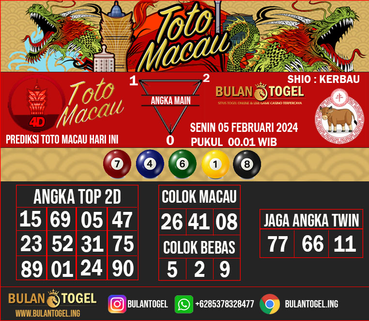 PREDIKSI TOTO MACAU HARI INI SENIN 05 FEBRUARI 2024 00.01 WIB

#totomacau #prediksitogel #prediksitotomacau #bocorantogel
#bocorantotomacau #syairtotomacau #syairtogel #totomacaulive
#totomacauhariini #livetotomacau #prediksittm
#bulantogel #pastijp #pastihoki #kodesyair