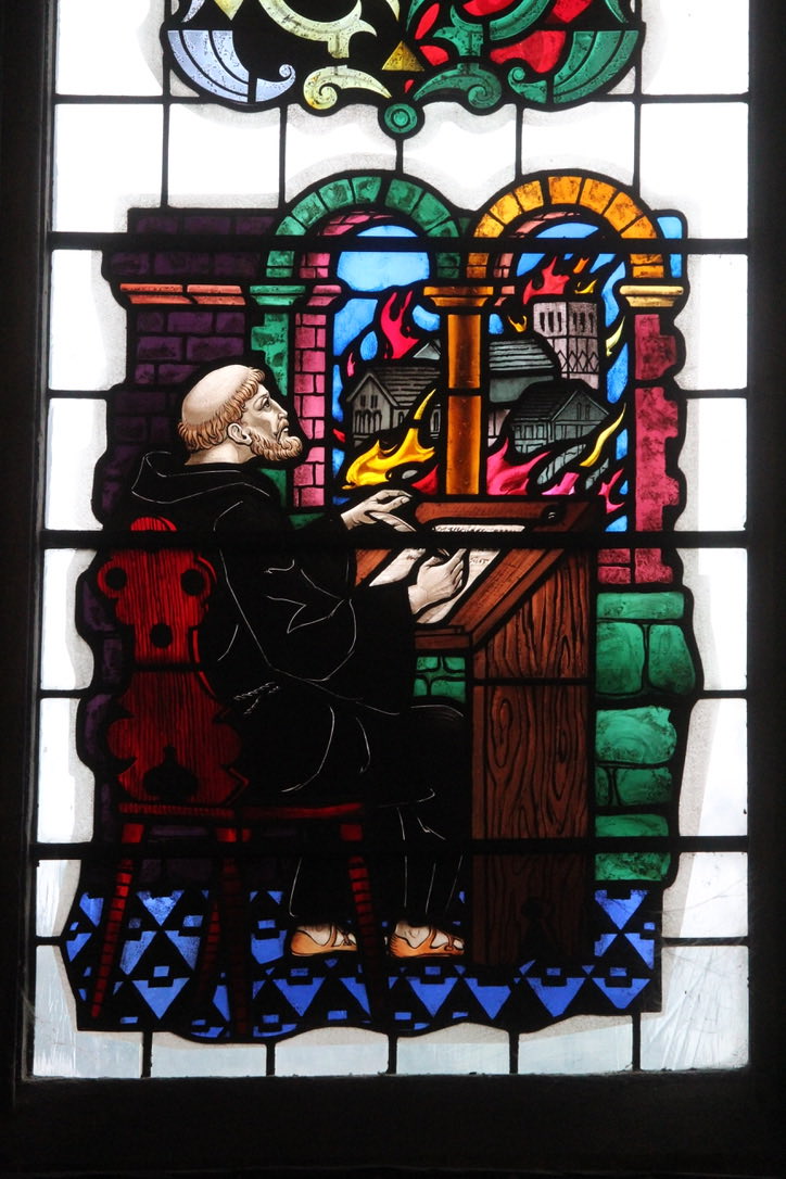 AnastasiaScribe's tweet photo. A last minute submission for #StainedGlassSunday! A window @pborocathedral by William T C Shapland - I especially liked the vibrantly coloured demons. https://t.co/1Wv2MxZars